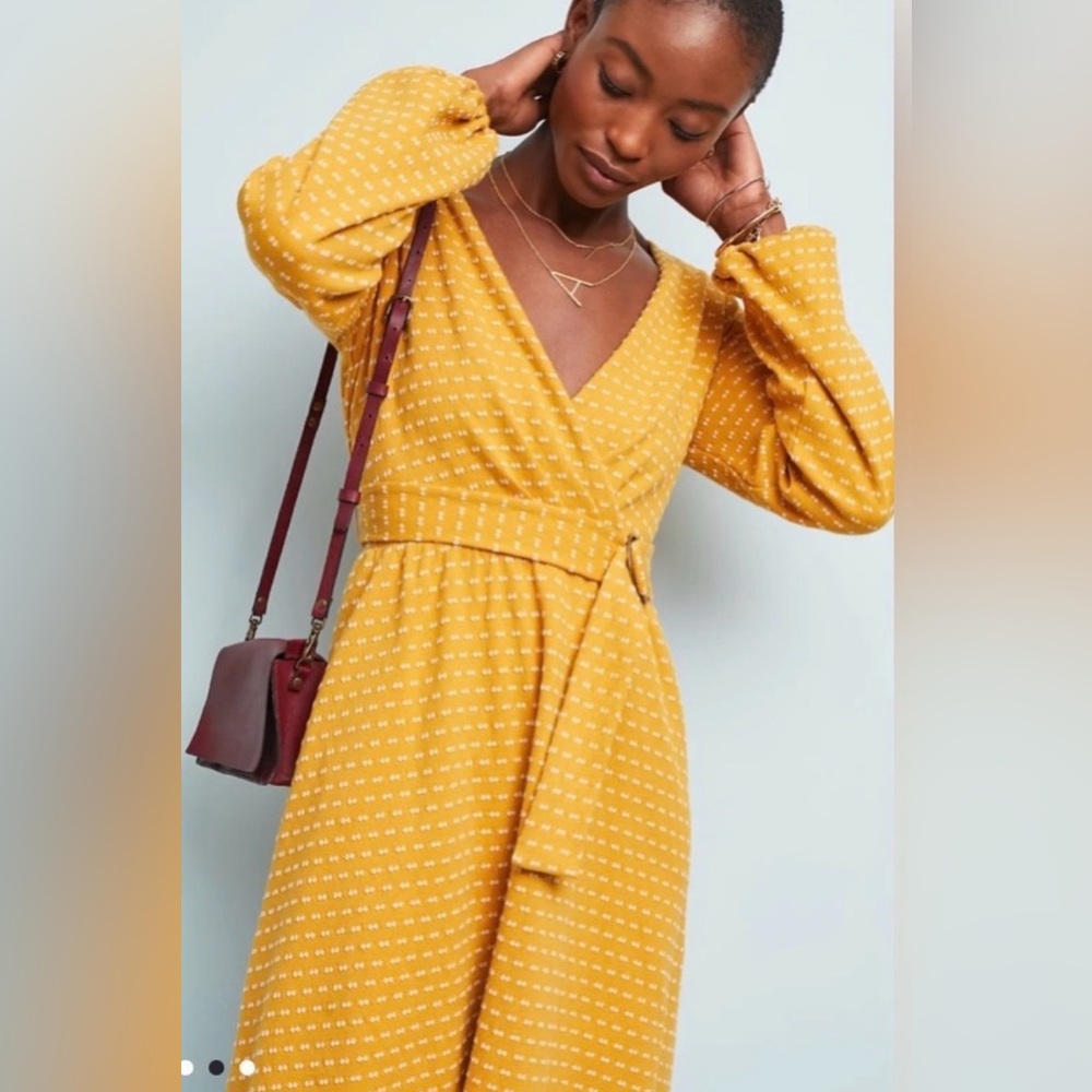 MAEVE by Anthropologie Malta Wrap Dress Mustard Yellow Dot Belted Size M